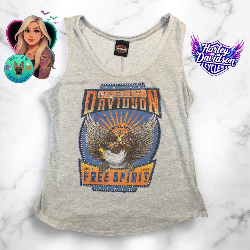 Harley Davidson Tank Top Women's XL free Spirit Eagle Rhinestone Y2K Shimmer Tee